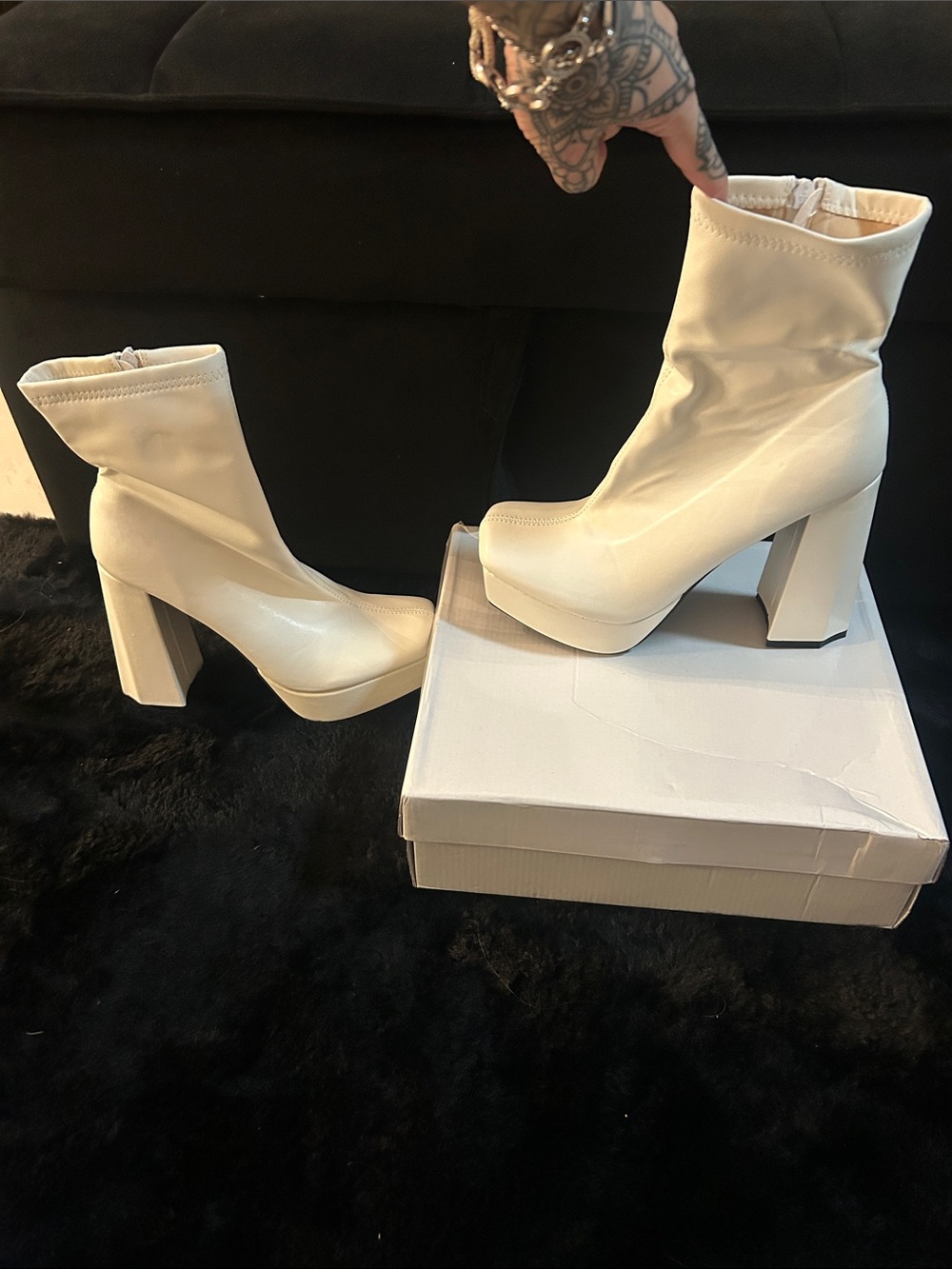 Cream Platform Block Heel Ankle Boots